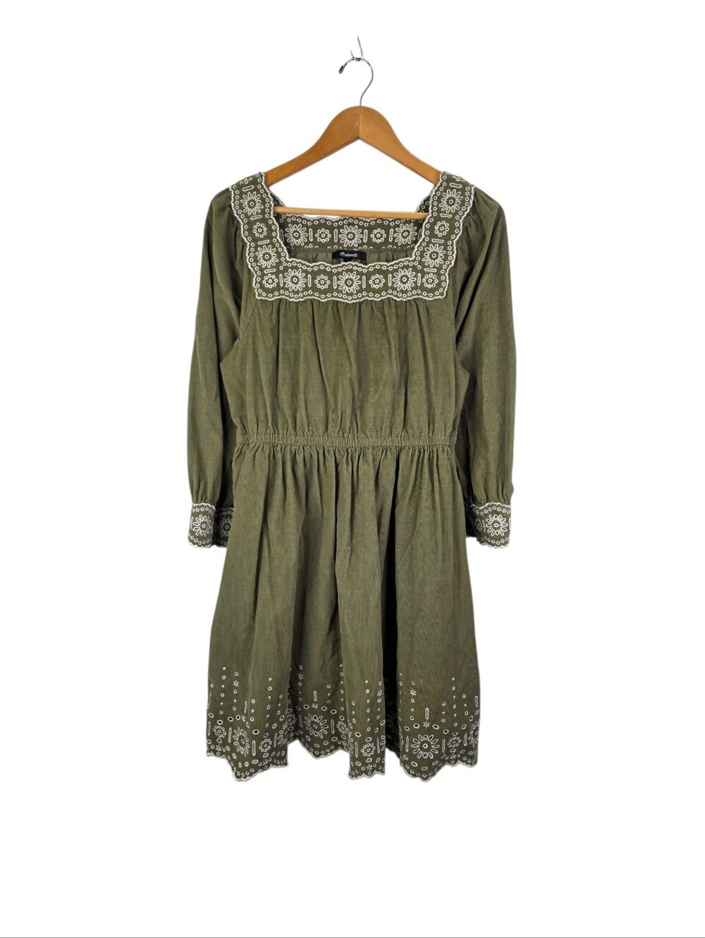 MADEWELL Women's Medium Green Embroidered Square Neck Mini Corduroy Dress Cotton